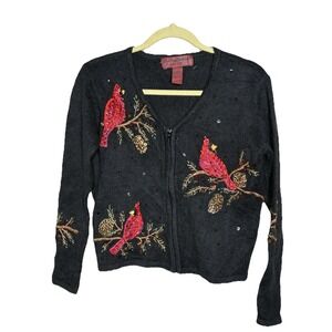 Women's Small Black Cardinal Holiday Beaded Embellished Zip Up Sweater Birds